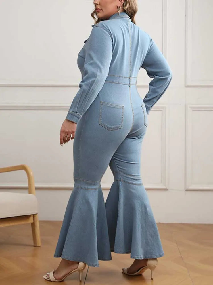 Denim Flare Stretchy with Zipper Jumpsuit