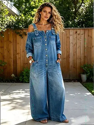 Off Shoulder Denim Wide Leg Jumpsuit w/Pockets