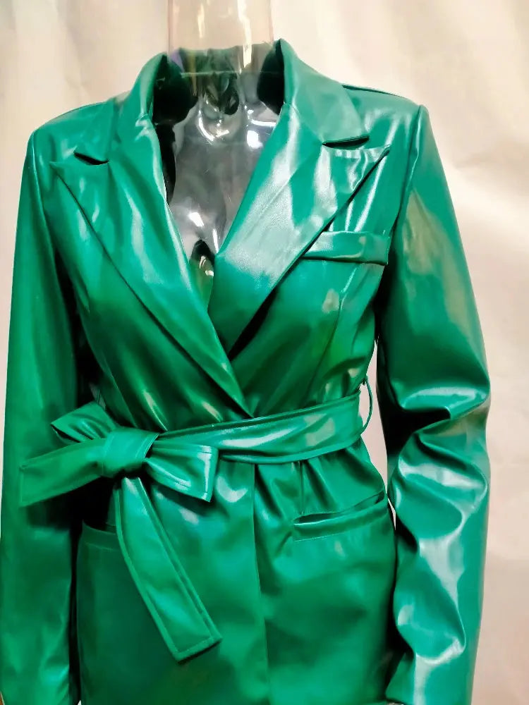 Dark Green Faux Leather Jacket and Pants Suit Toshe Women's Fashions