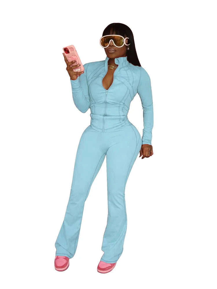 Mock Neck Zipper Fitted Top & Flared Pants Set – Sleek 2-Piece Athletic Lounge Outfit