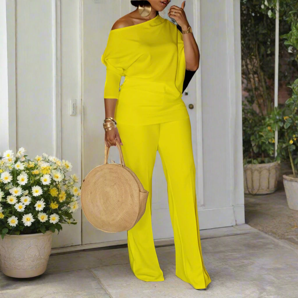 Skew Collar Shirt & Fitted Wide Bottom Pant Suit