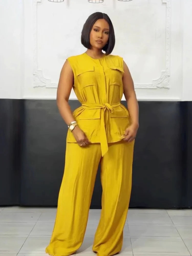 Pocket Detail Sleeveless Cardigan Vest & Wide Leg Pant Set