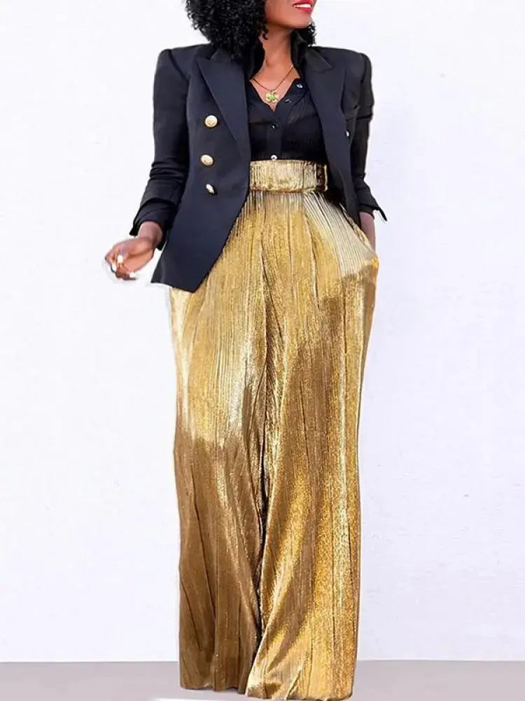 Gold High Waisted Wide Leg Trousers - Toshe Women's Fashions