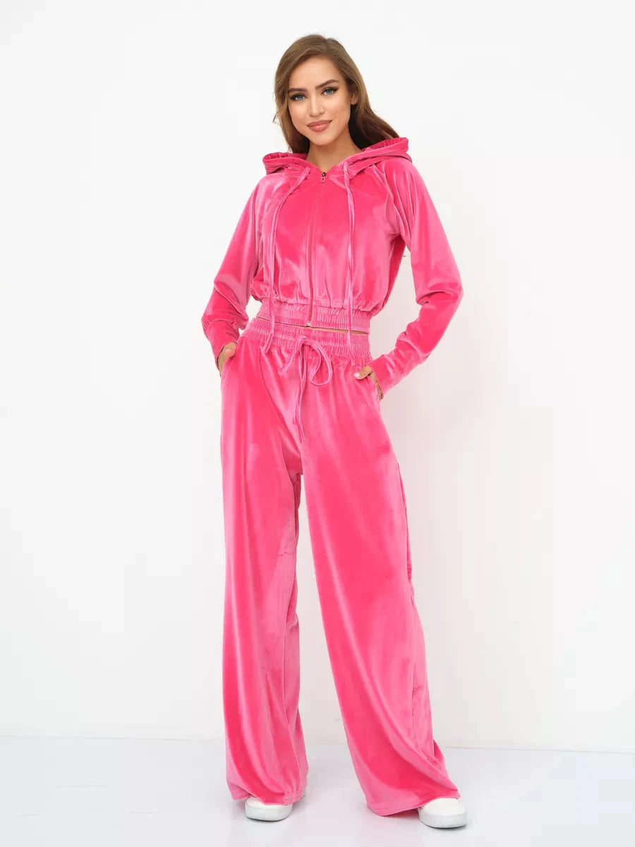 Velvet Hooded Zipper Jacket & Wide-Leg Pants Set – Luxe Two-Piece Loungewear Outfit