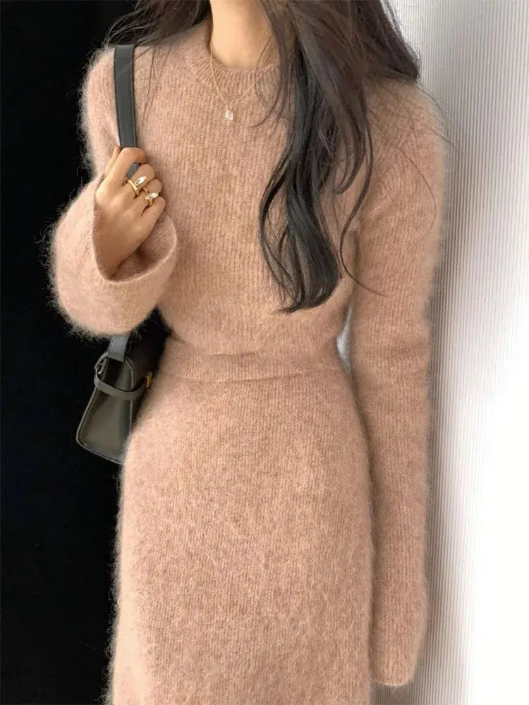 Faux Mink Cashmere Knitted Set crop top Skinny Sweater High Waist Long Skirt aliexpress