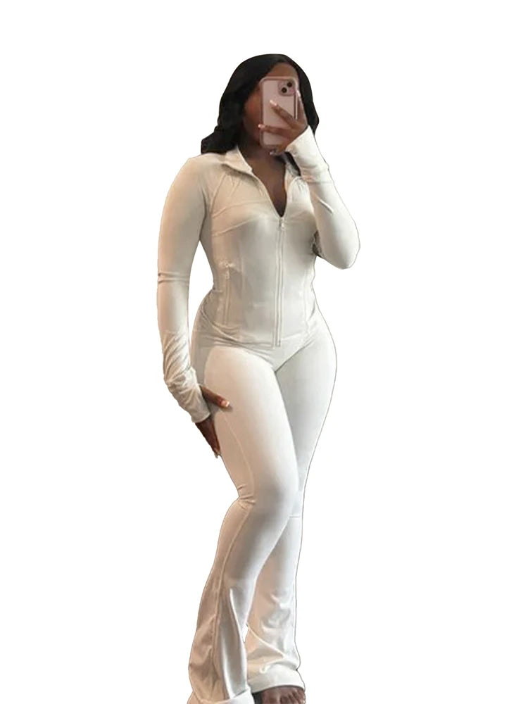 Mock Neck Zipper Fitted Top & Flared Pants Set – Sleek 2-Piece Athletic Lounge Outfit