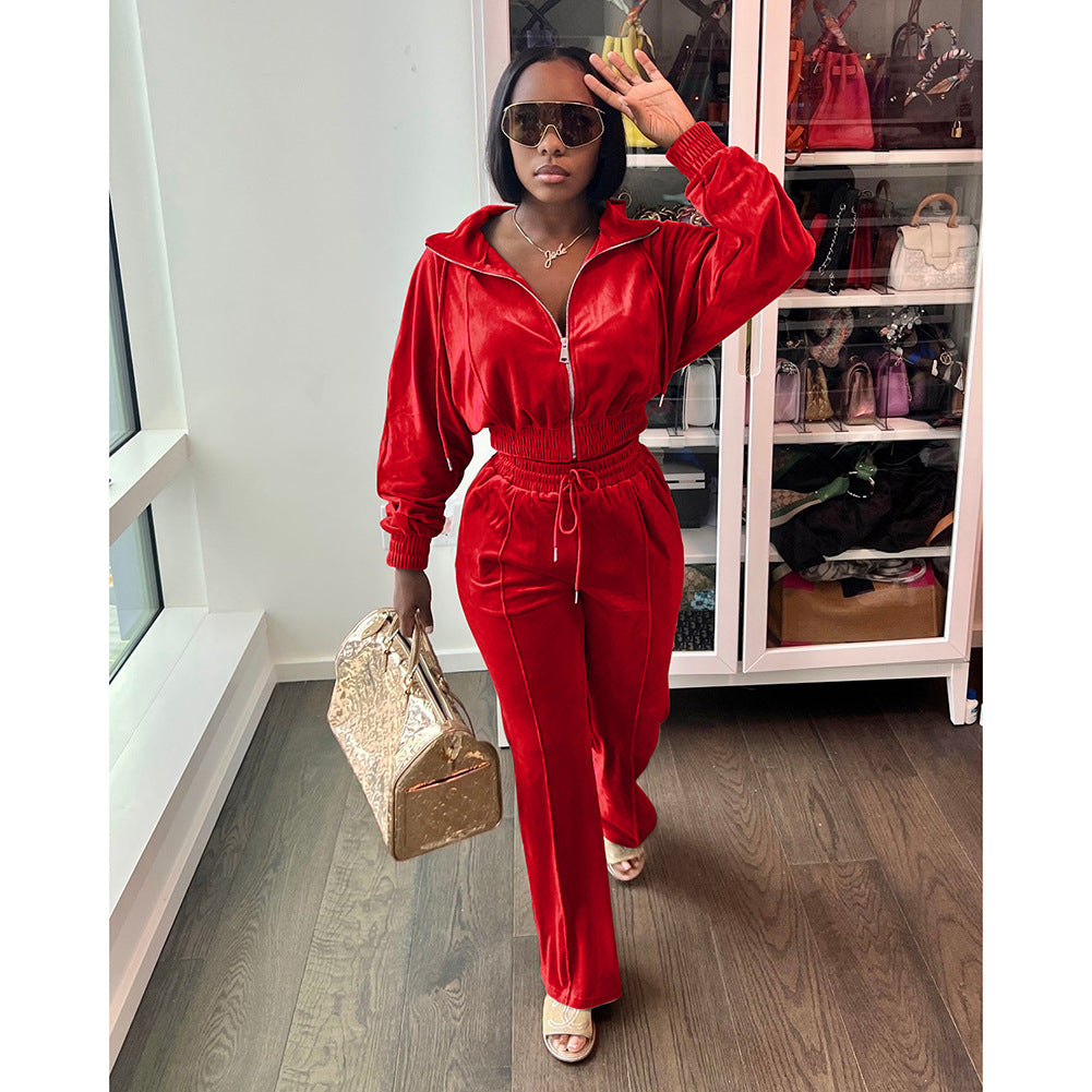 Zipper Front Crop Jacket and Straight Leg Tracksuit