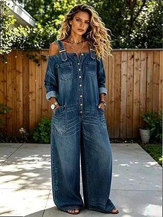 Off Shoulder Denim Wide Leg Jumpsuit w/Pockets