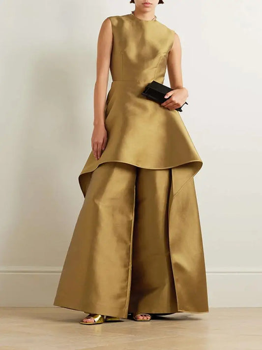 Bronze Wrap Layered Waist Evening Jumpsuit