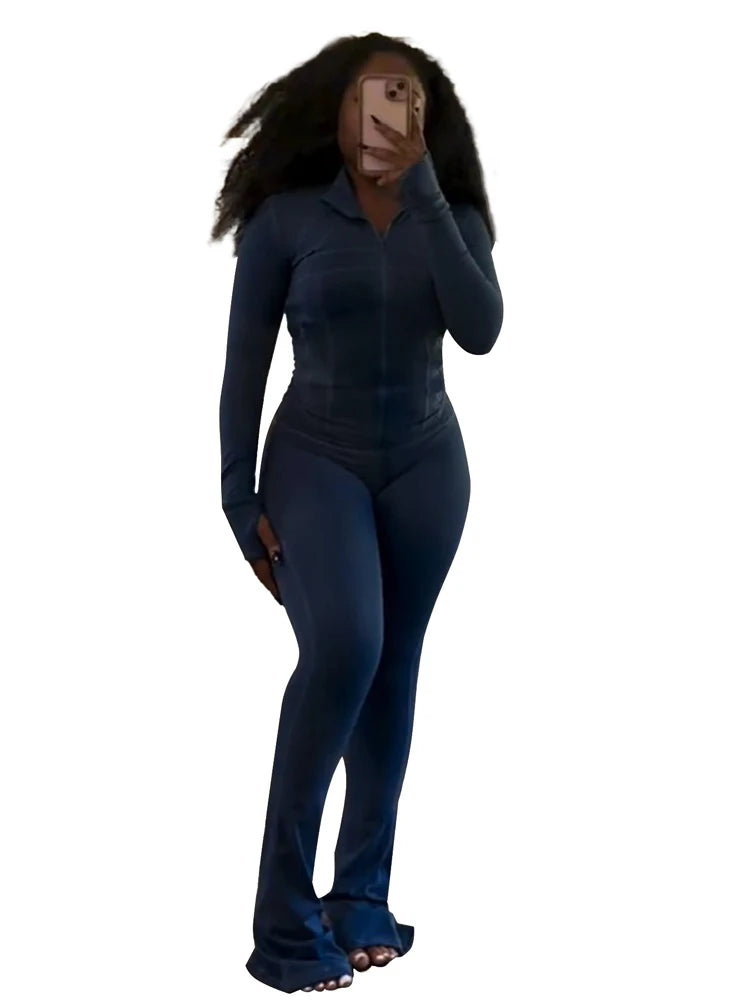 Mock Neck Zipper Fitted Top & Flared Pants Set – Sleek 2-Piece Athletic Lounge Outfit