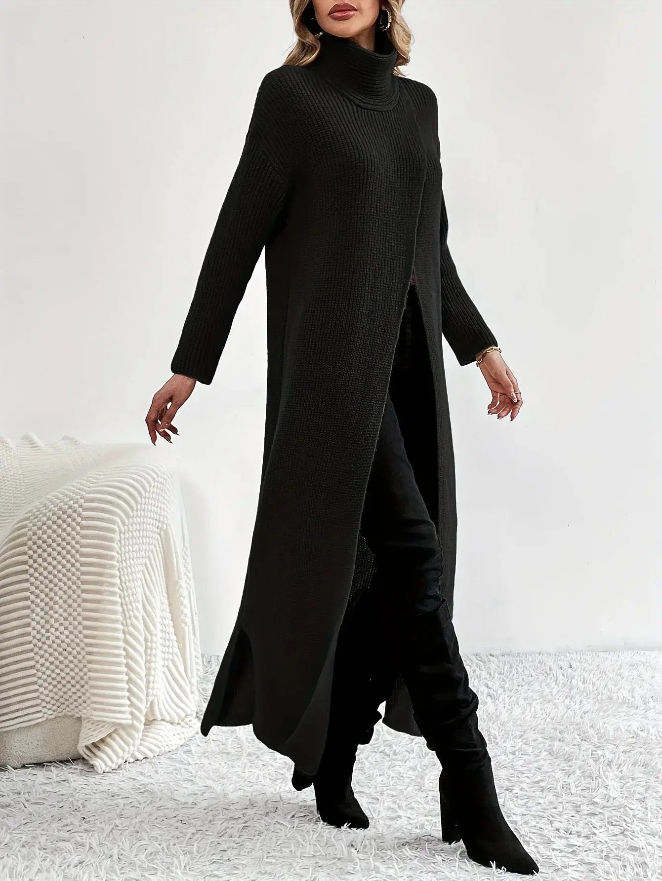 Knit Turtleneck Split Hem Maxi Dress Toshe Women's Fashions