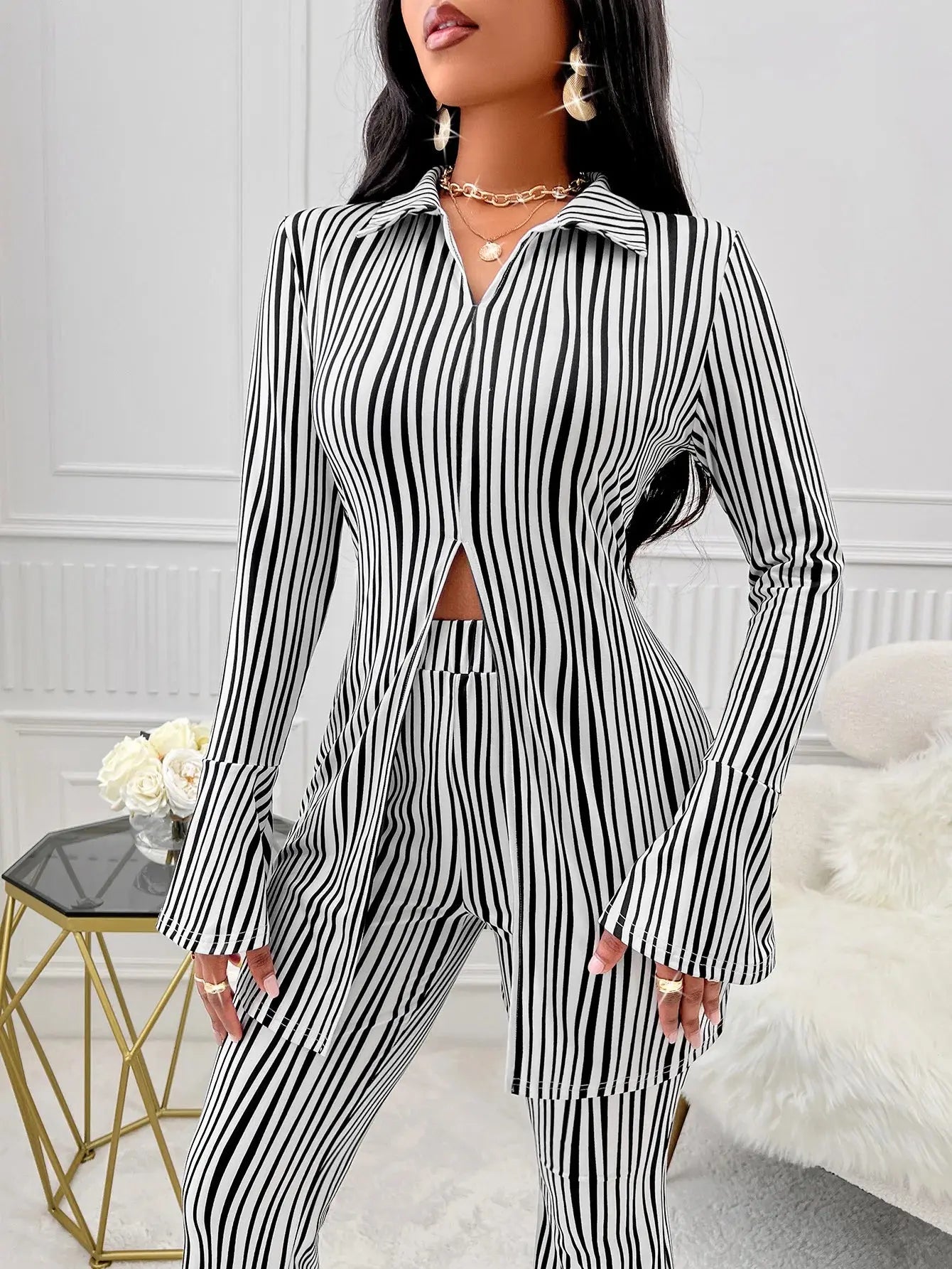 2 Piece Set Long Sleeve Striped Shirts High Waist Pants Matching Set 2024 Autumn Streetwear Office Lady Outfits aliexpress