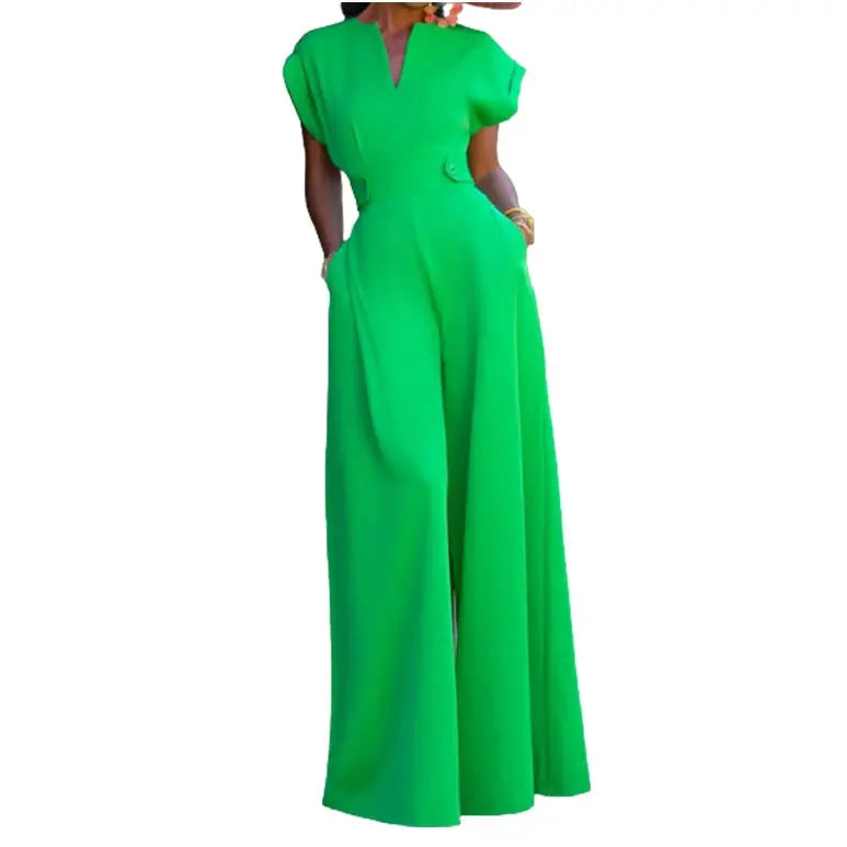 V-Neck Cap Sleeve Waist Accented Wide Leg Jumpsuit Ali Express