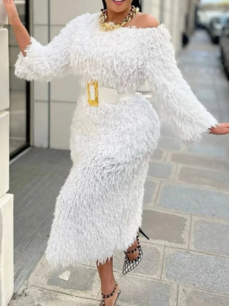 White Fur Dresses 3/4 Sleeves Tassel Elegant Fluffy Midi Dress with Belt - Toshe Women's Fashions