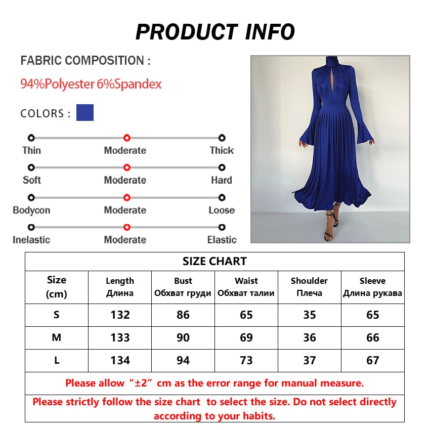 Blue Peep Front Fluted Sleeve Pleated Turtleneck Dress