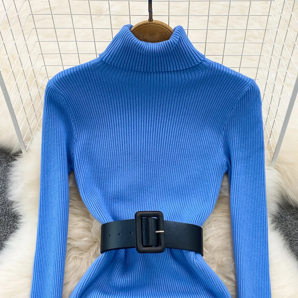 Knitted Turtleneck Sweater Bodycon Dress with Belt