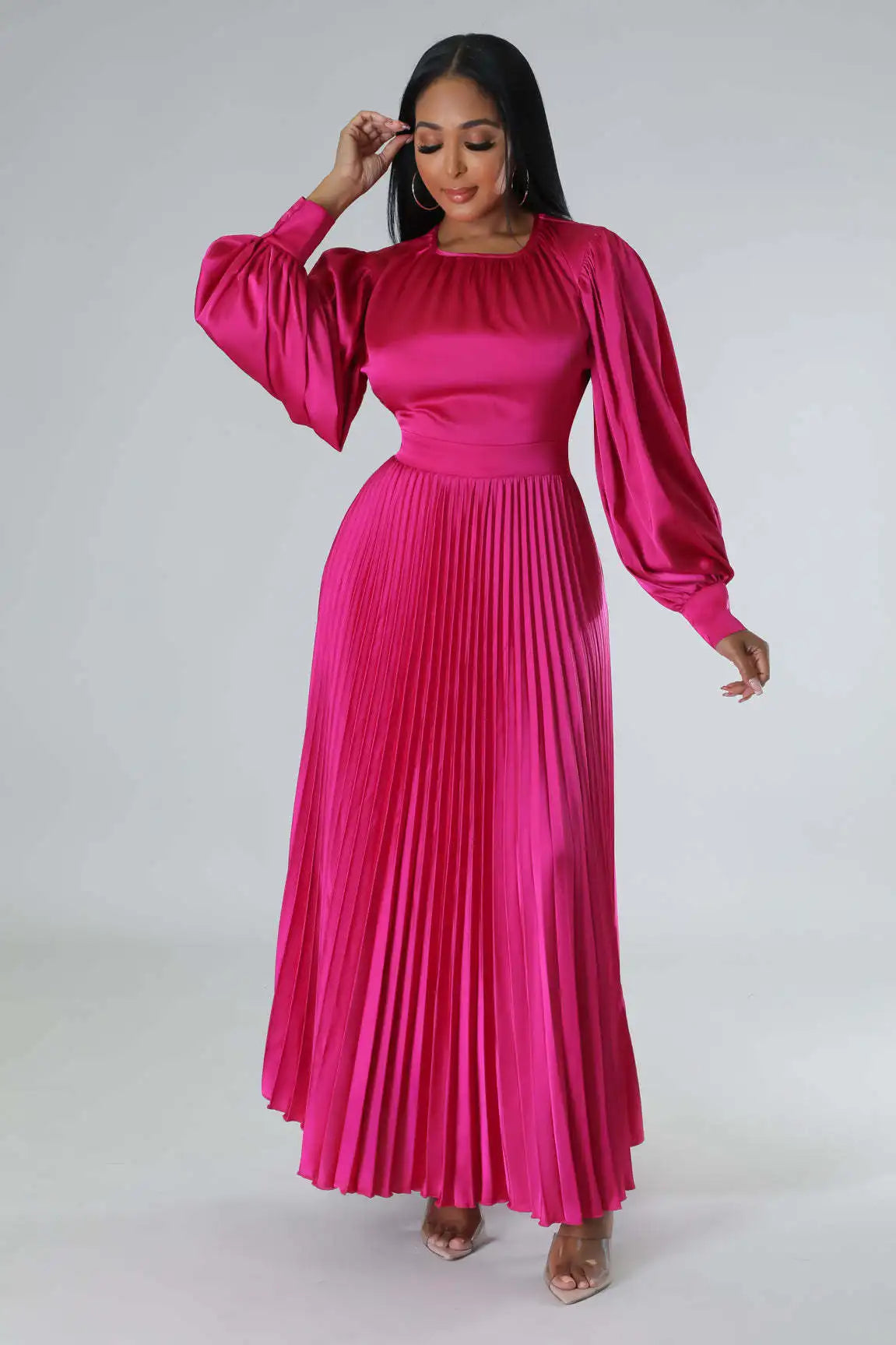 Lantern Sleeve Pleated Maxi Dress - Toshe Women's Fashions