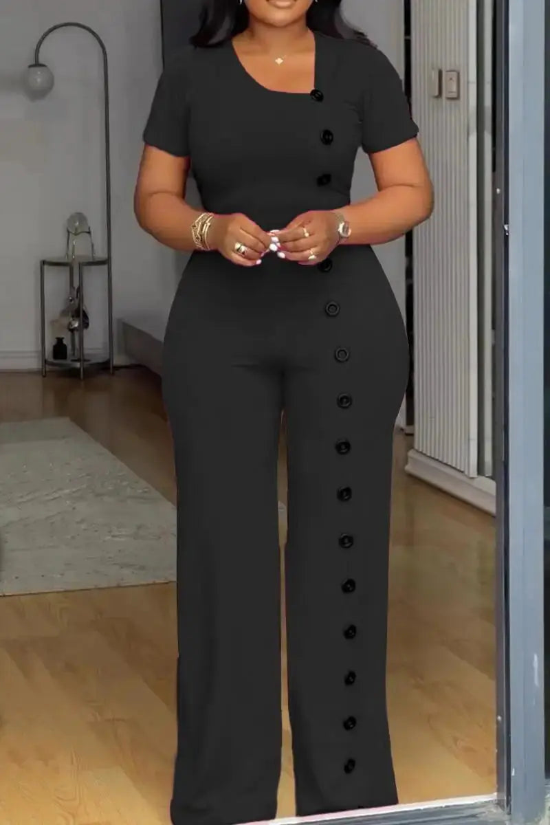 Irregular Collar Buttoned Front Wide Leg Jumpsuit Toshe Women's Fashions