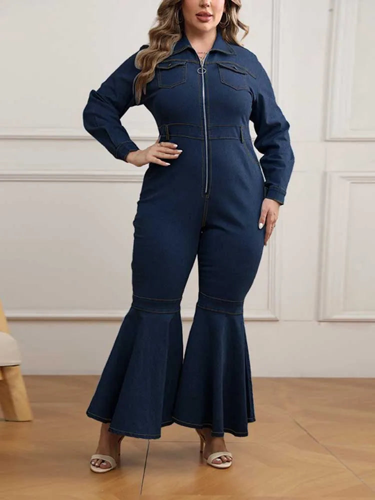 Denim Flare Stretchy with Zipper Jumpsuit