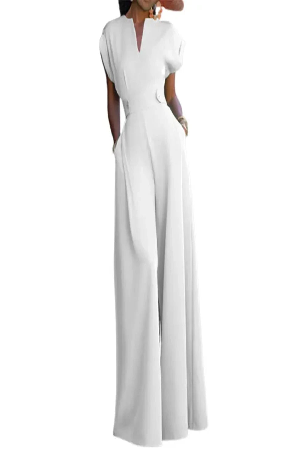 V-Neck Cap Sleeve Waist Accented Wide Leg Jumpsuit Ali Express