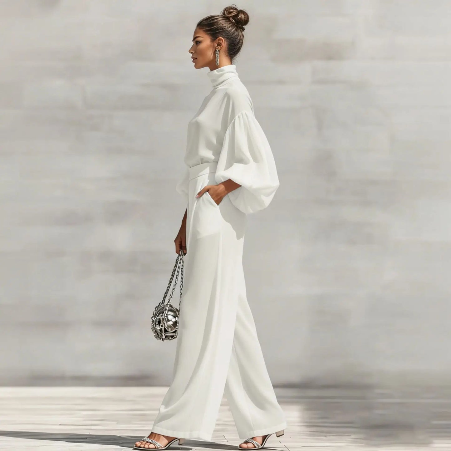 Chiffon High-Neck Lantern Sleeves & Wide Leg Pants Set