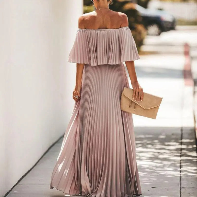 Off Shoulder Slash Pleated Maxi Dress - Toshe Women's Fashions