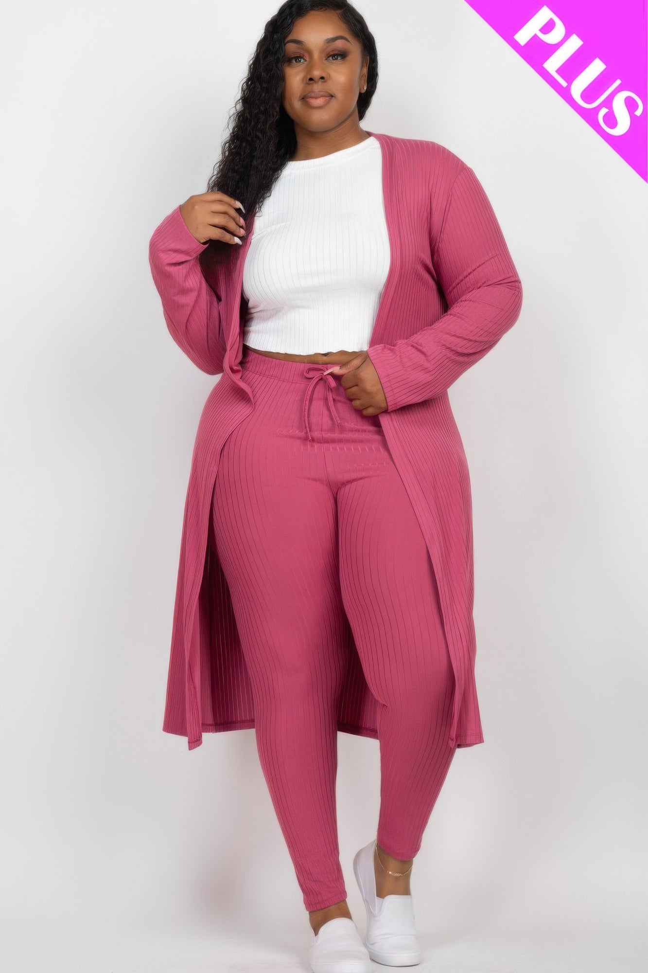 Ribbed long cardigan and matching leggings set in neutral tones, styled for casual wear, from Toshe Women's Fashions.