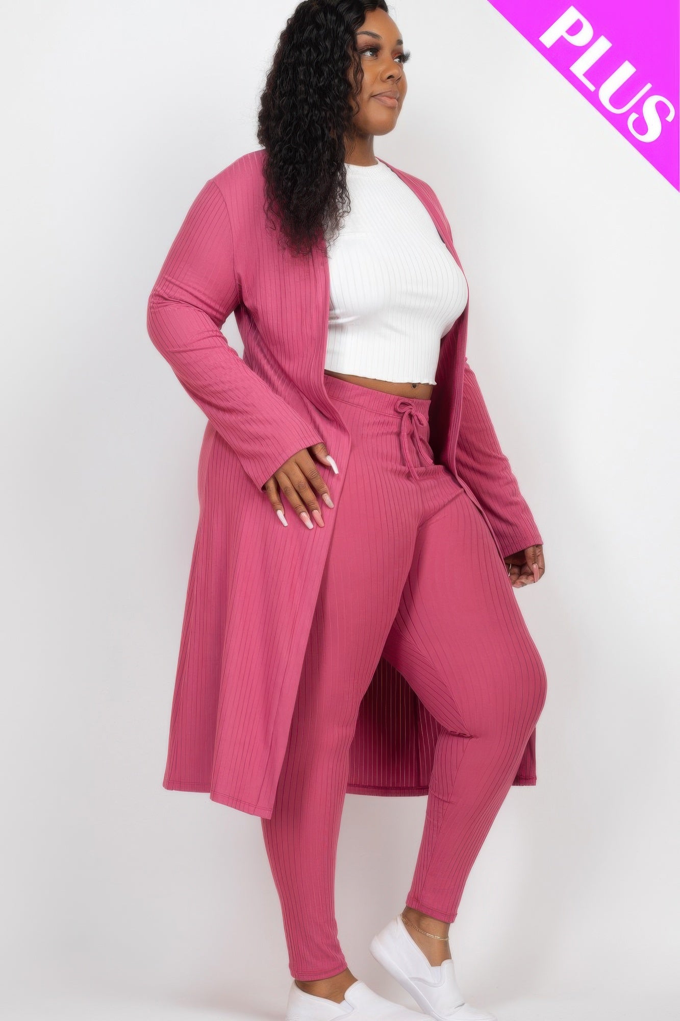 Toshe Women's Fashions ribbed long cardigan and matching leggings set in neutral tones, displayed on a hanger.