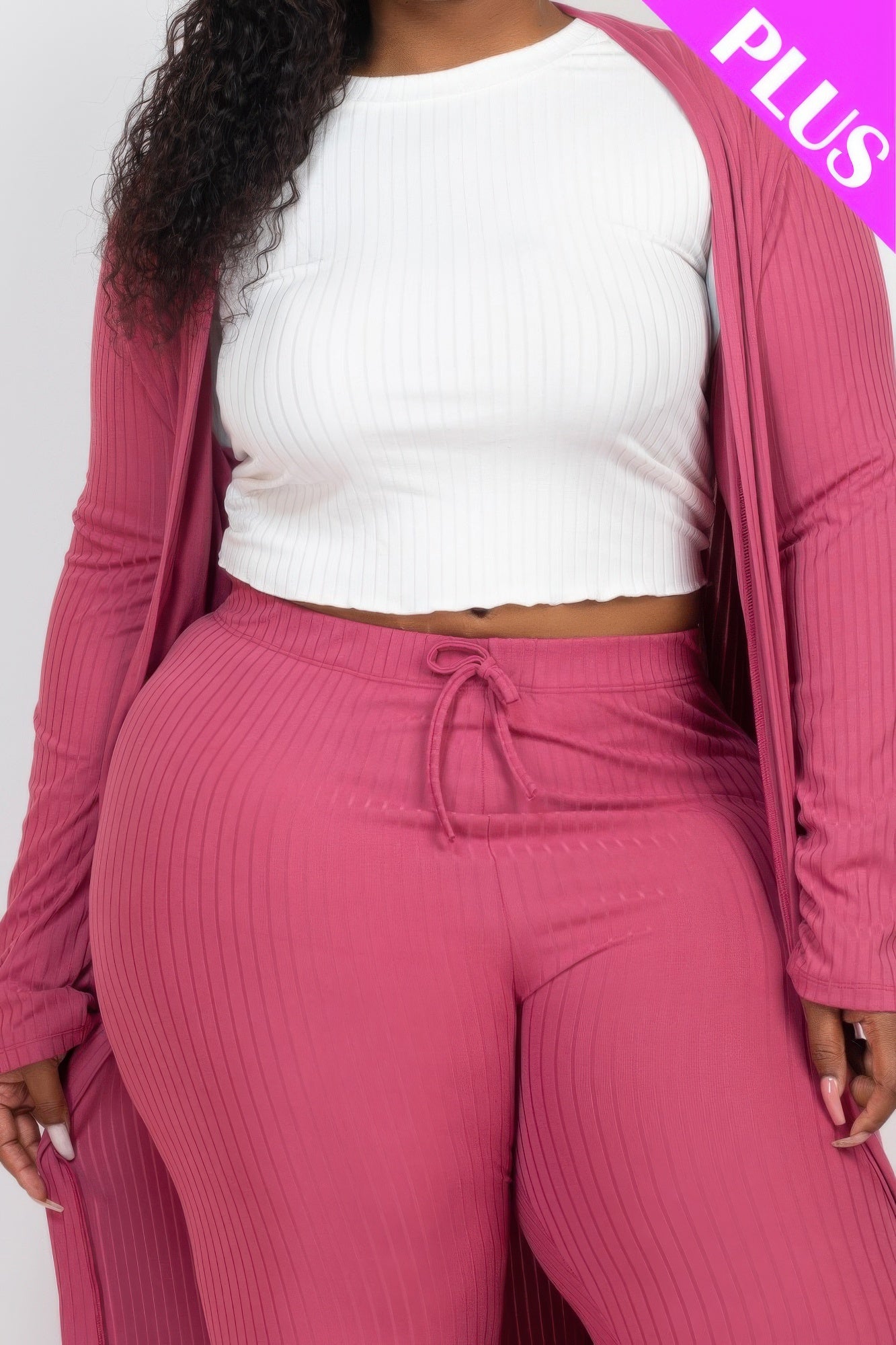 Ribbed long cardigan and matching leggings set from Toshe Women's Fashions, soft knit fabric in neutral tones.