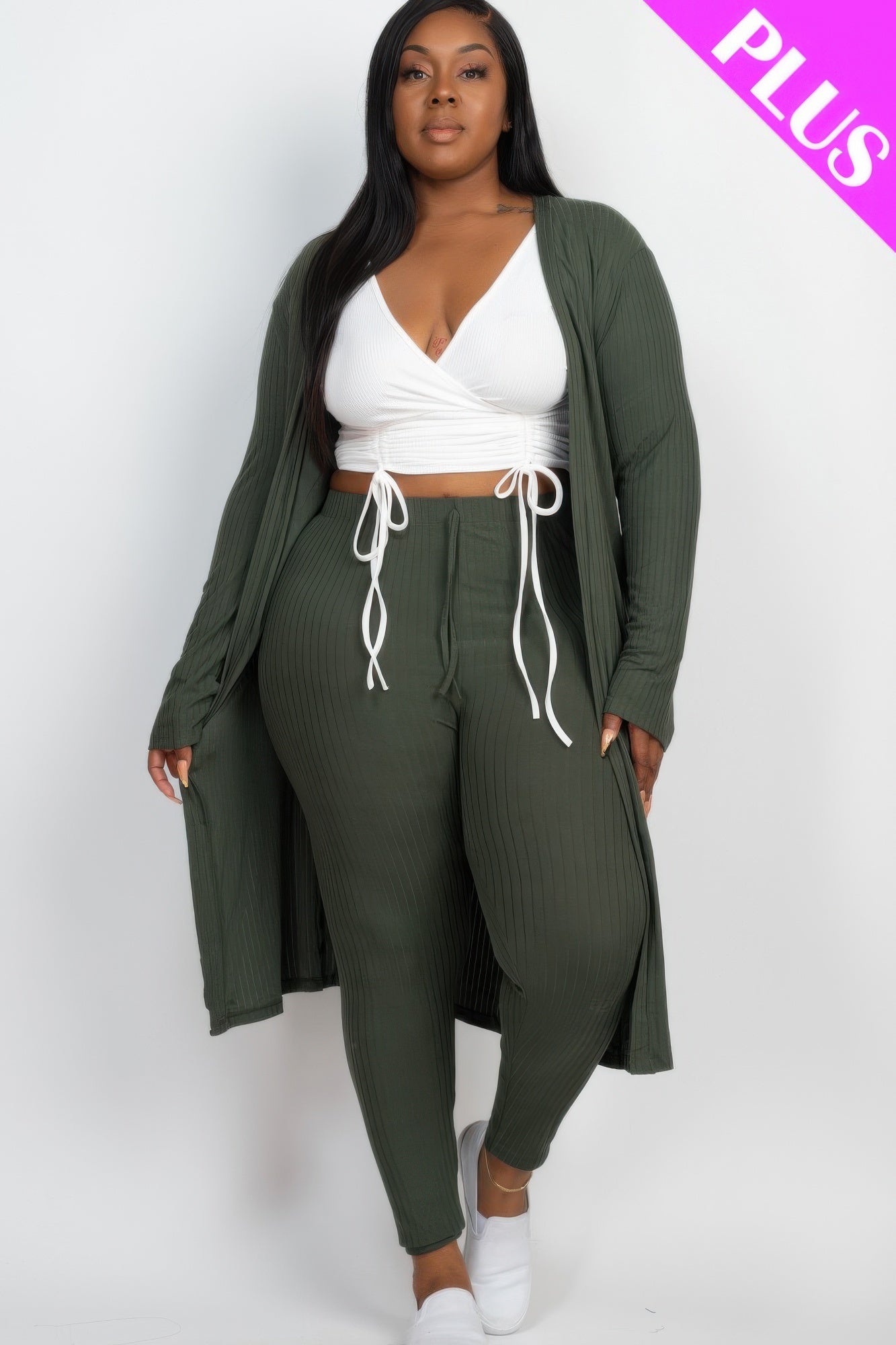 Ribbed long cardigan and matching leggings set for women, stylish and comfortable, in neutral tones from Toshe Women's Fashions.