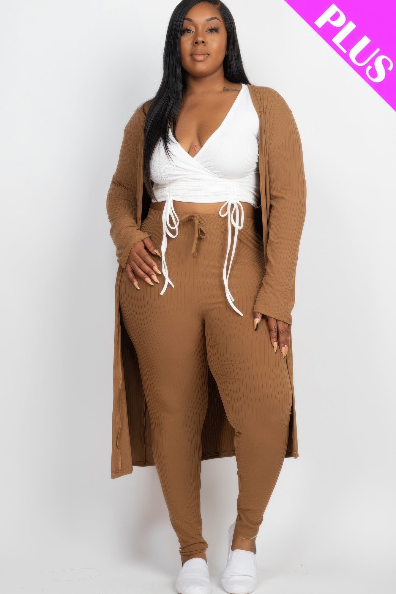 Toshe Women's Fashions ribbed long cardigan and matching leggings set in neutral tones, displayed on a model.