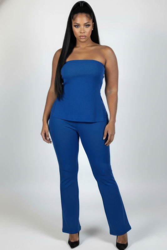 Ribbed slit tube top and high-waist flare pants set by Toshe Women's Fashions, featuring a fitted tube top and flowing pants.