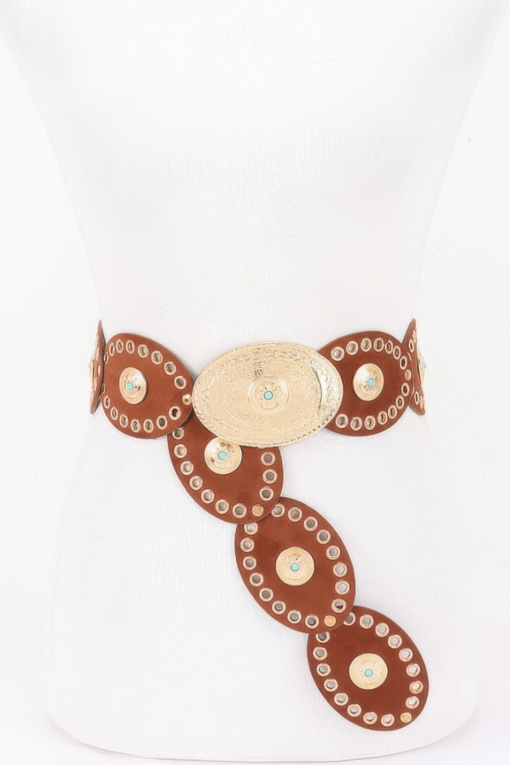 Oval studded statement belt from Toshe Women's Fashions featuring bold metal studs and a sleek leather design.