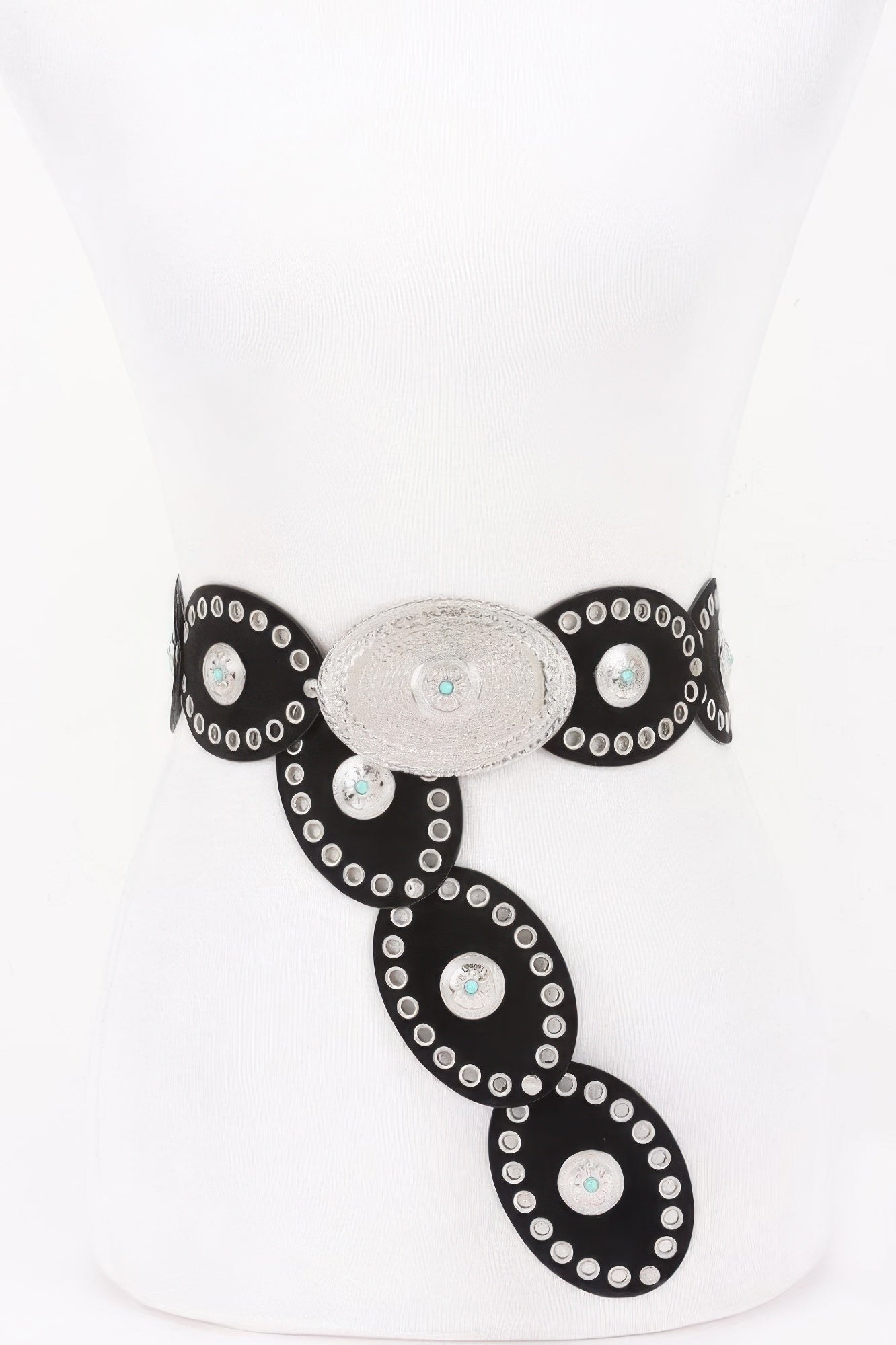 Oval studded statement belt from Toshe Women's Fashions featuring bold metal accents and a stylish design.