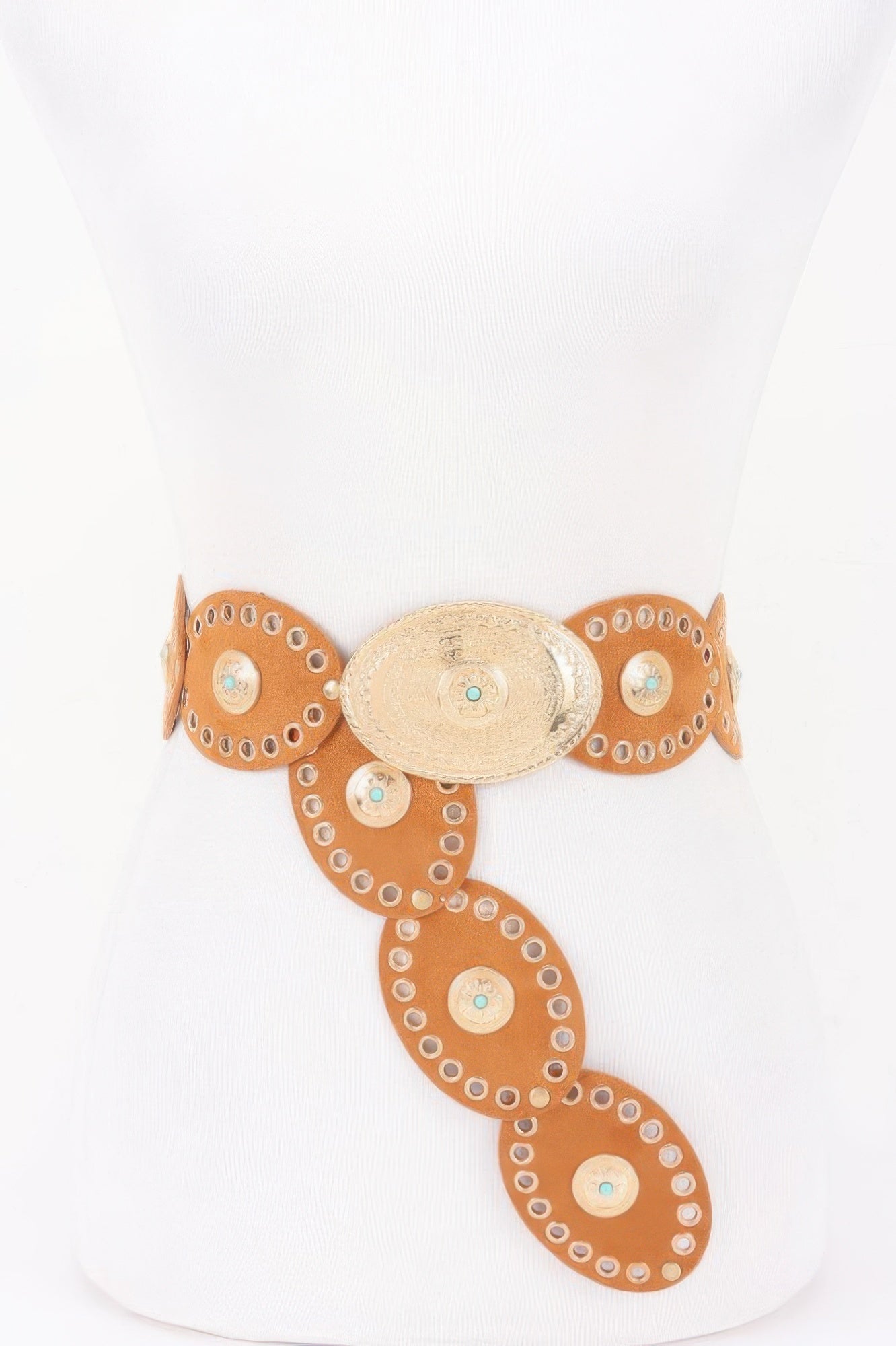 Oval studded statement belt from Toshe Women's Fashions, featuring a stylish design with metal studs and an oval buckle.