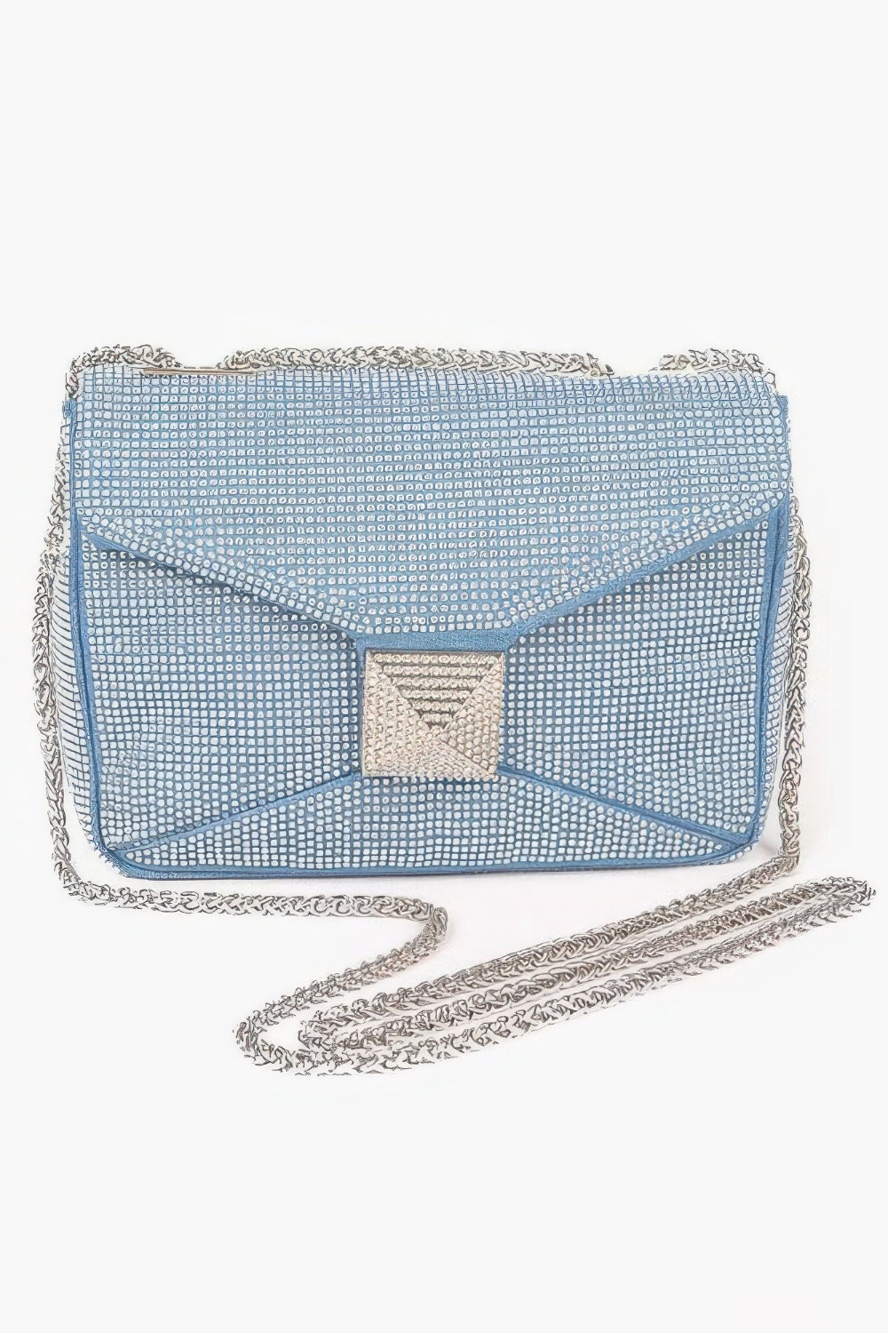 Rhinestone denim clutch bag with sparkling embellishments, designed by Toshe Women's Fashions, featuring a compact, stylish accessory.