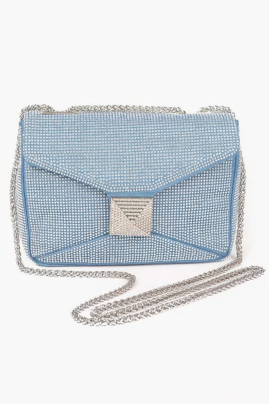 Rhinestone denim clutch bag with sparkling embellishments, designed by Toshe Women's Fashions, featuring a compact, stylish accessory.