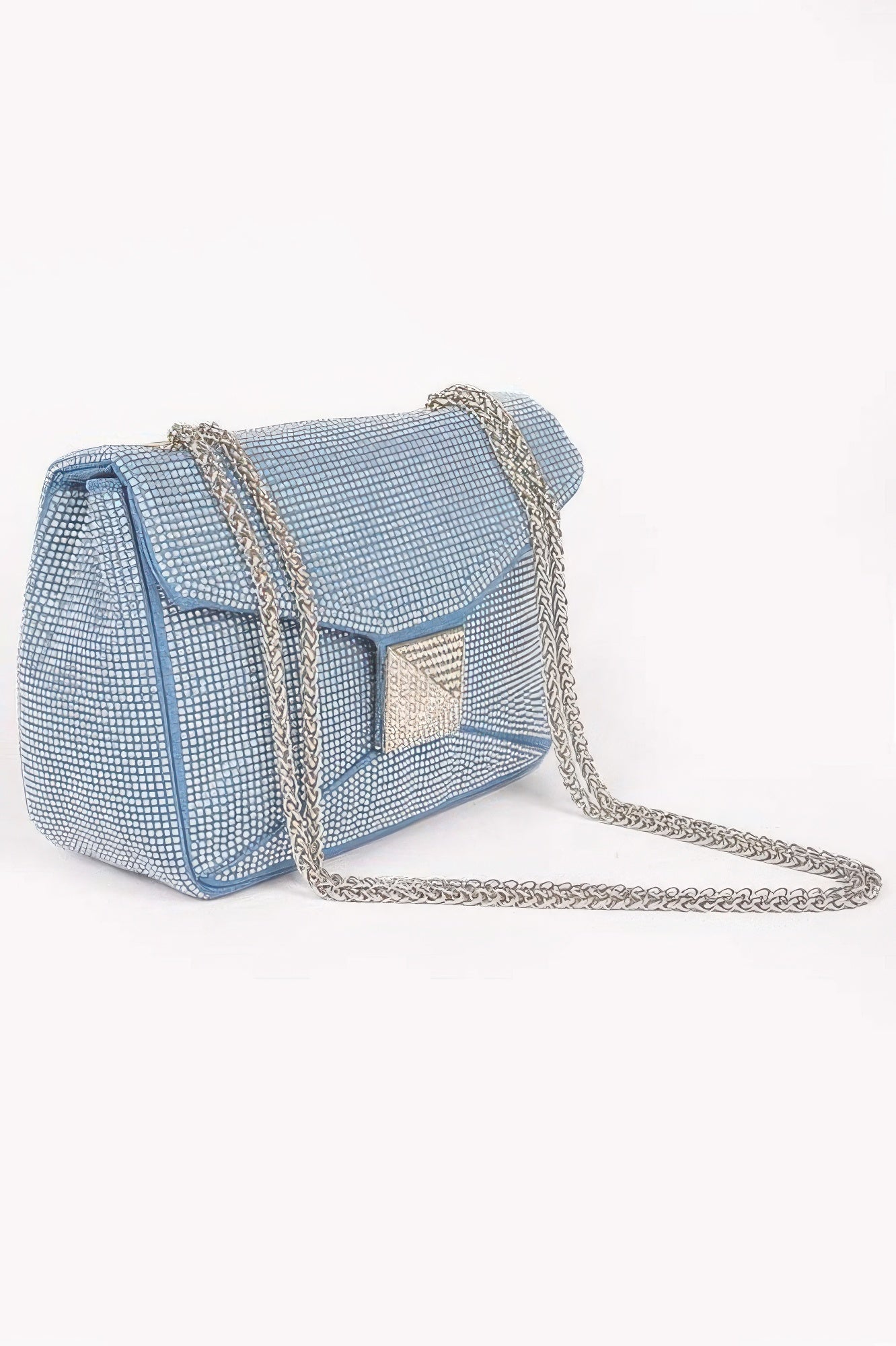 Rhinestone denim clutch bag with sparkling embellishments, stylish accessory from Toshe Women's Fashions.