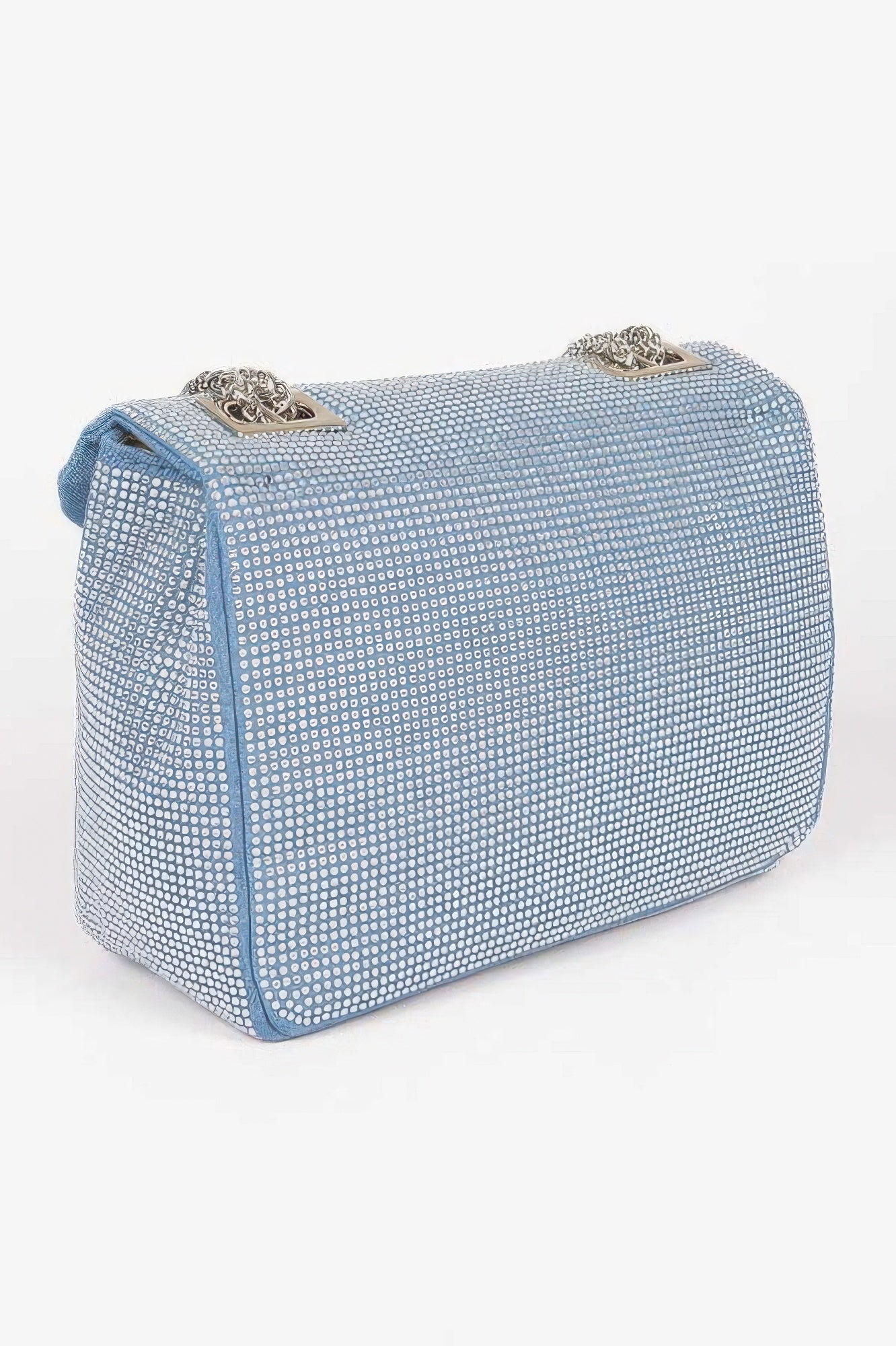 Rhinestone denim clutch bag with sparkling embellishments, stylish accessory from Toshe Women's Fashions.