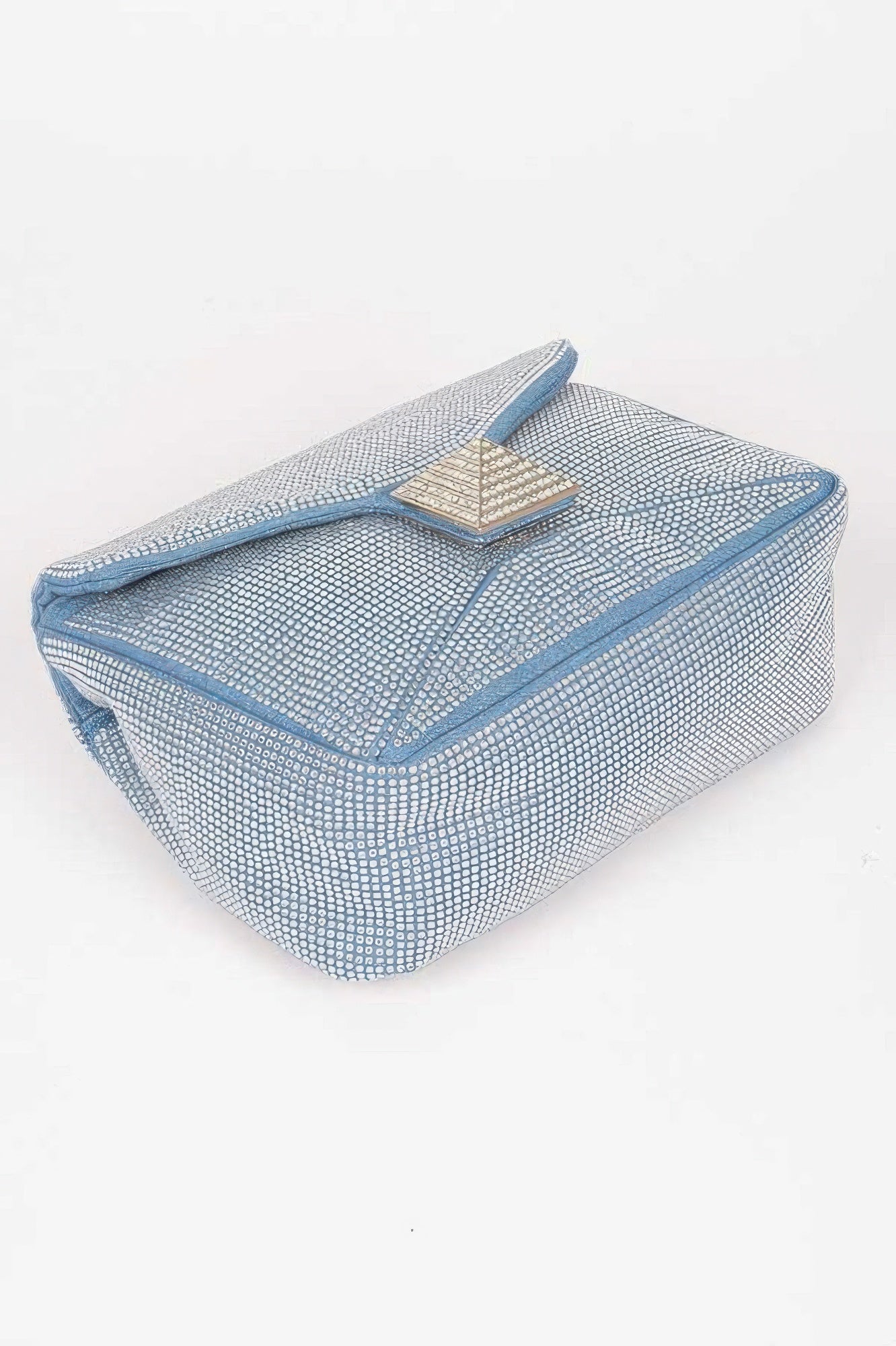 Rhinestone denim clutch bag from Toshe Women's Fashions with sparkling embellishments and a sleek, compact design.