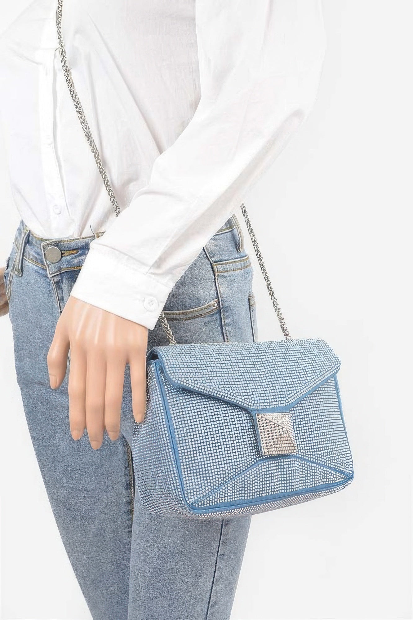 Rhinestone denim clutch bag with sparkling embellishments, stylish accessory from Toshe Women's Fashions.