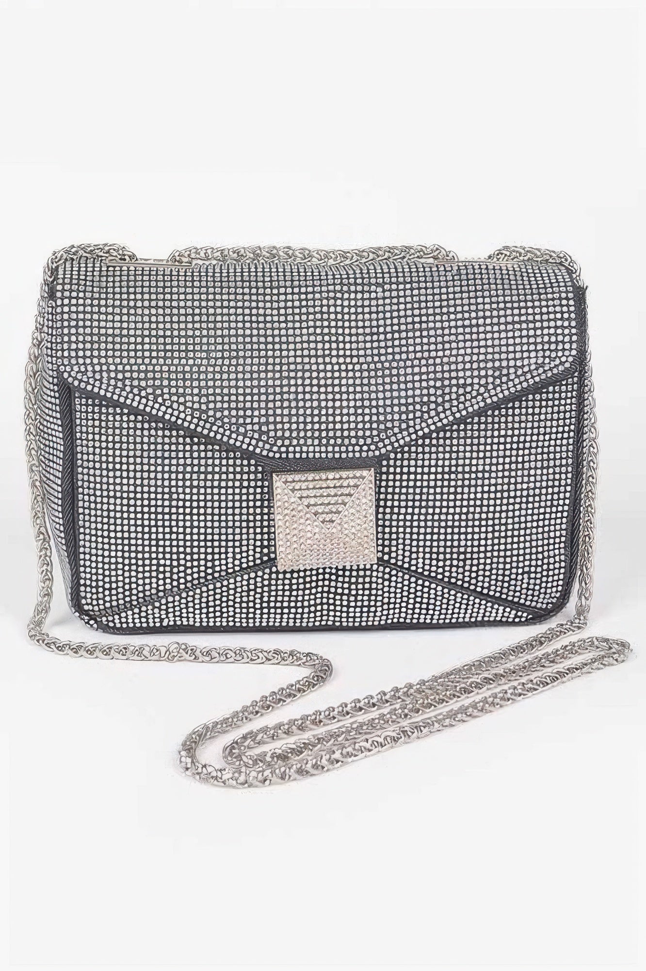 Rhinestone denim clutch bag with sparkly embellishments, stylish accessory from Toshe Women's Fashions.
