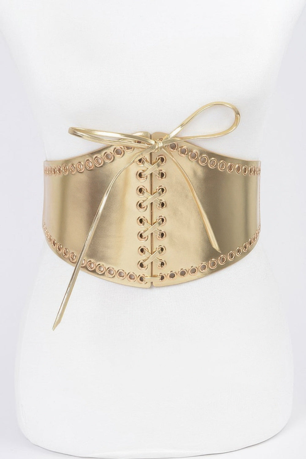 Faux leather eyelet corset elastic belt with metal eyelets and adjustable fit, designed by Toshe Women's Fashions.