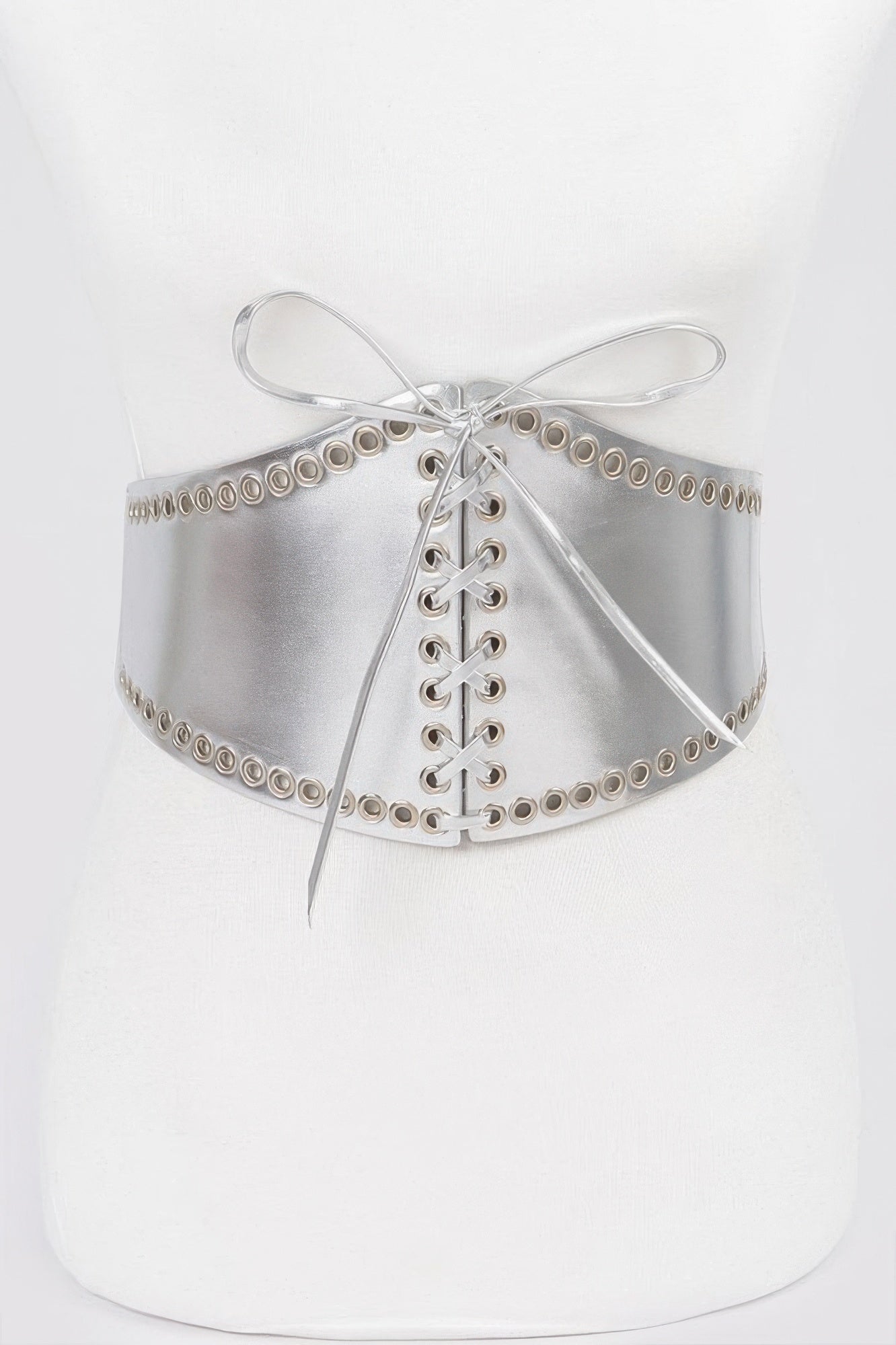 Faux leather eyelet corset elastic belt from Toshe Women's Fashions, featuring metal eyelets and adjustable fit.