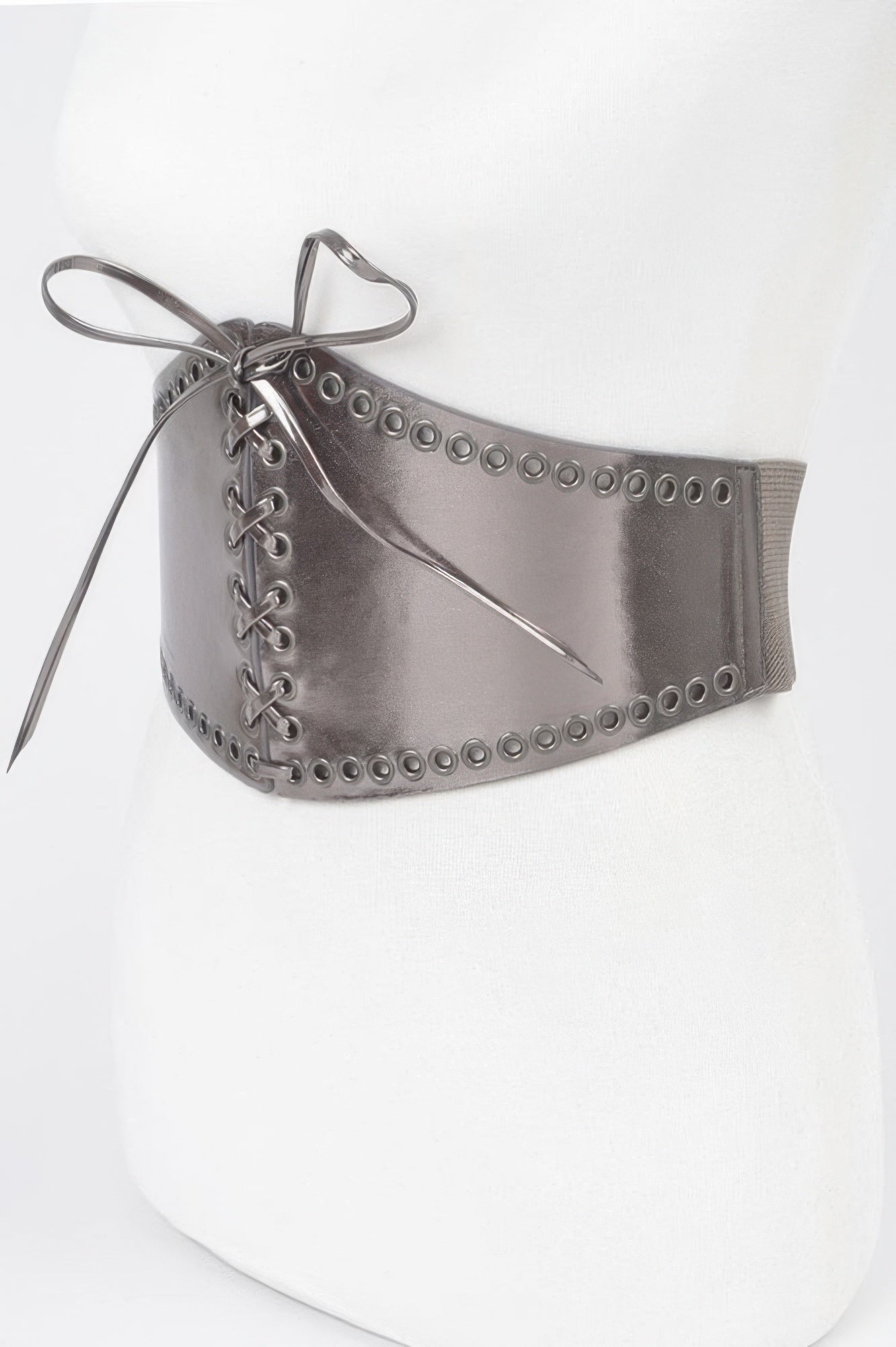 Faux leather eyelet corset elastic belt in black, stylish accessory for women by Toshe Women's Fashions, with metal eyelets and adjustable fit.