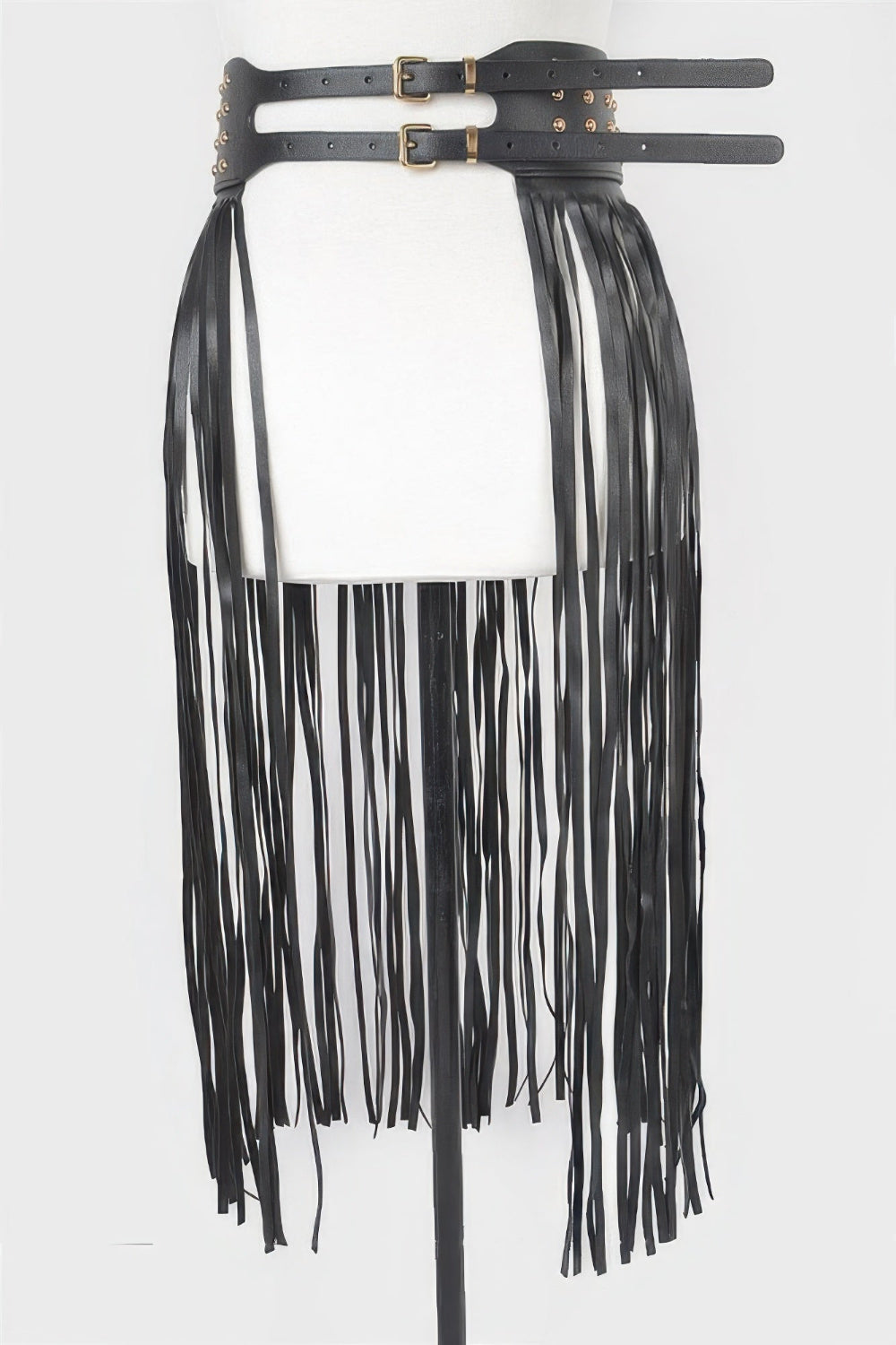 Faux leather metal studded fringe belt in black, featuring silver hardware and decorative fringe detail, from Toshe Women's Fashions.