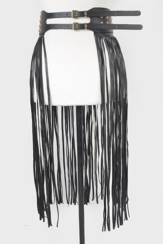 Faux leather metal studded fringe belt in black, featuring silver hardware and decorative fringe detail, from Toshe Women's Fashions.