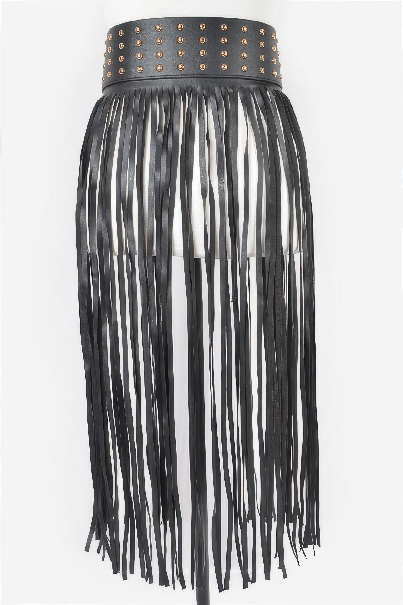 Faux leather metal studded fringe belt in black, featuring silver studs and layered fringe design, worn as a fashion accessory.