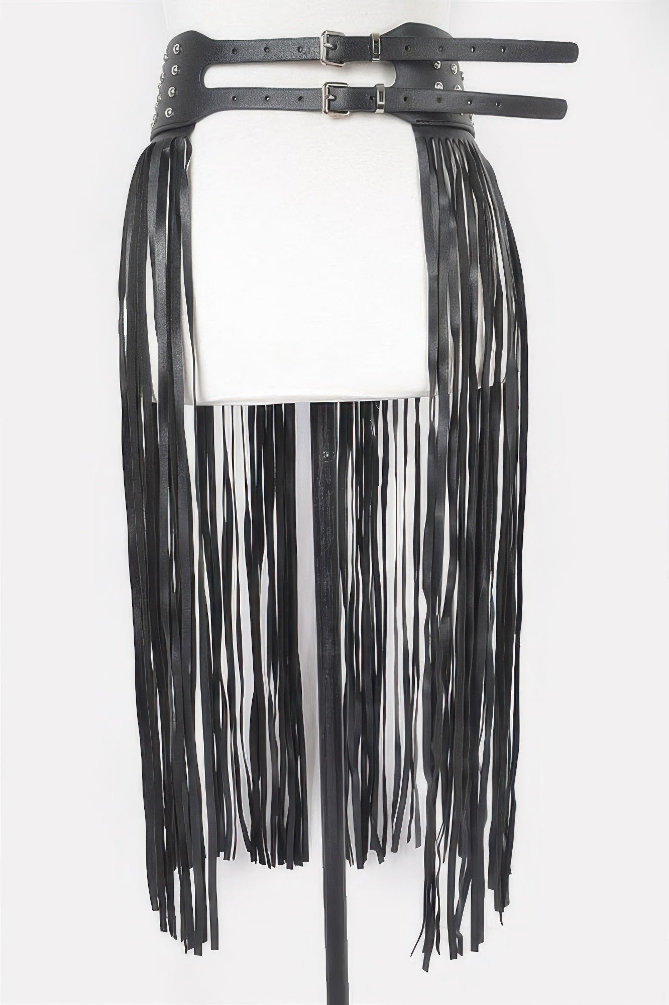Faux leather metal studded fringe belt in black, stylish accessory with fringe and metal studs, from Toshe Women's Fashions.