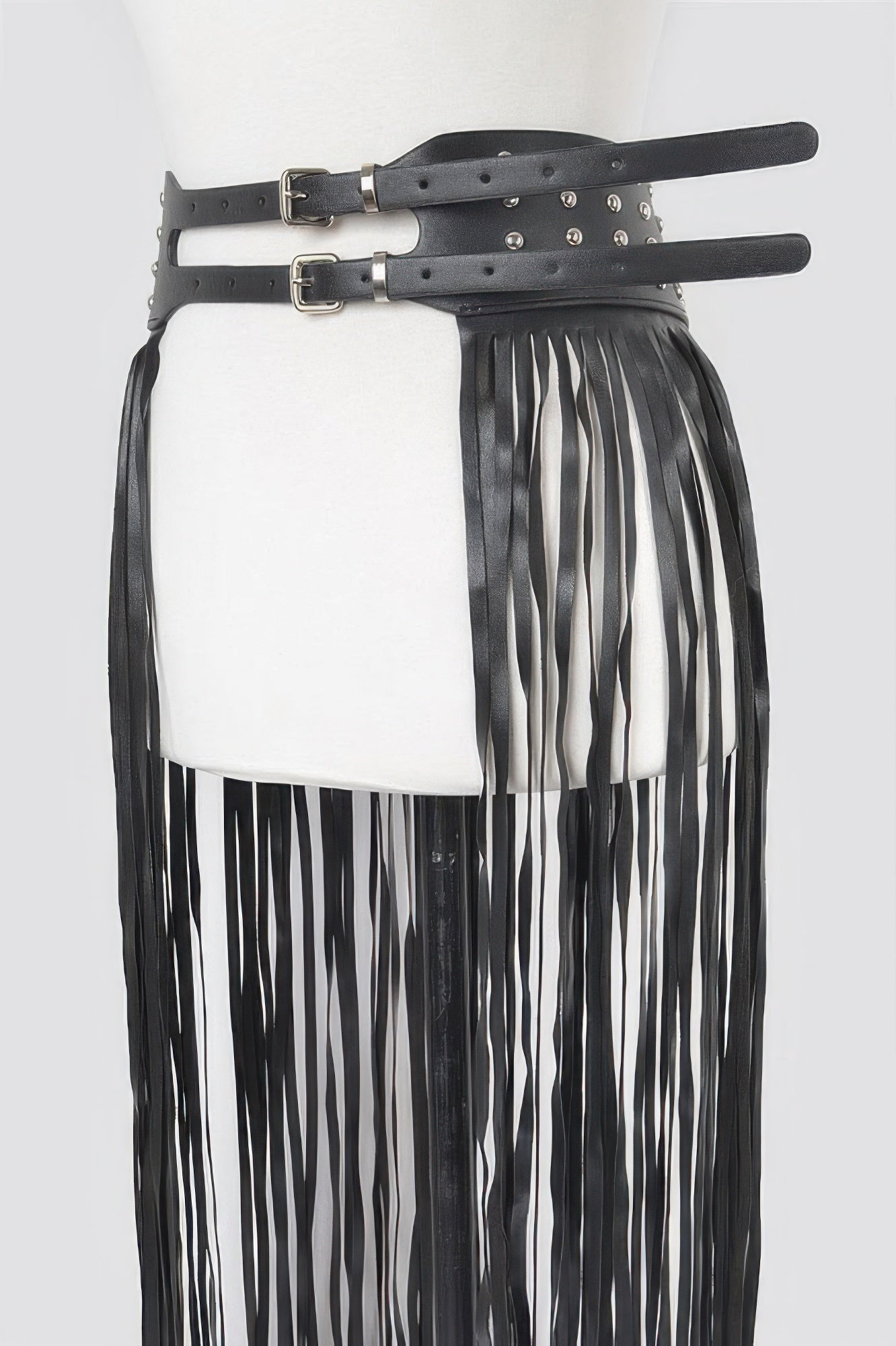 Faux leather metal studded fringe belt by Toshe Women's Fashions, featuring silver studs and layered fringe design.